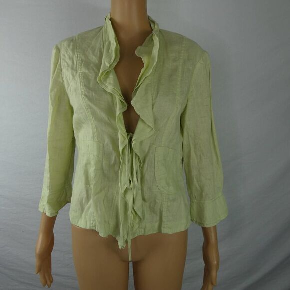 Philippe Adec Paris Tie Front Lightweight Jacket Linen Green Yellow Ruffles - Picture 1 of 8